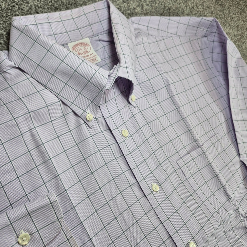 Brooks Brothers Dress Shirt Mens 17.5 35 Purple Madison Fit Non-Iron Check